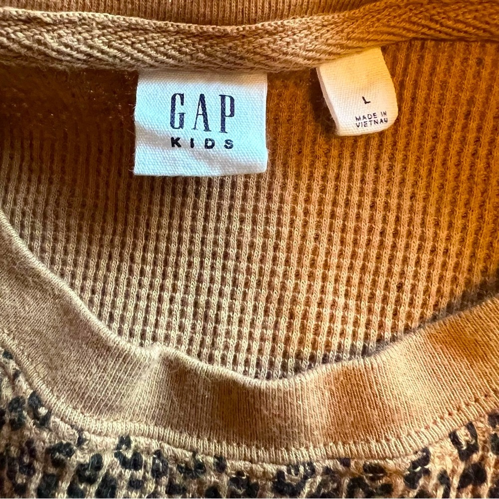 Gap Kids Waffle Knit Thermal Top Brown Leopard Print Dolman Sleeve Large Preppy - Picture 2 of 5